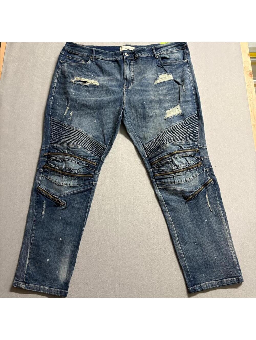 Refinery Republic Moto Jeans Mens 46 Blue Distressed Biker Slim Leg Denim
